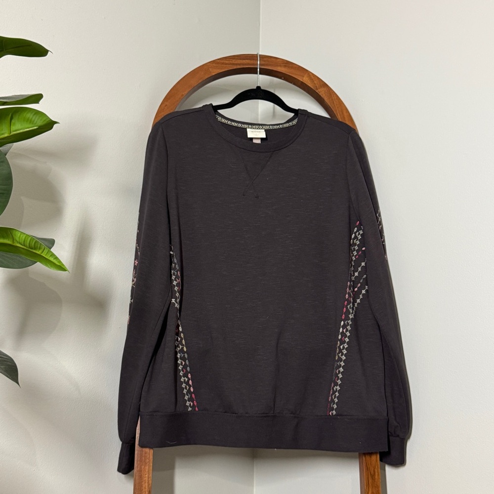 Knox Rose XL Gray Floral Embroidered Balloon Sleeve Lightweight Pullover Top